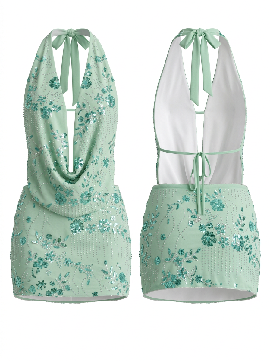 Halter Backless Bikini + Rhinestone Floral Skirt 2 Piece