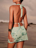 Halter Backless Bikini + Rhinestone Floral Skirt 2 Piece