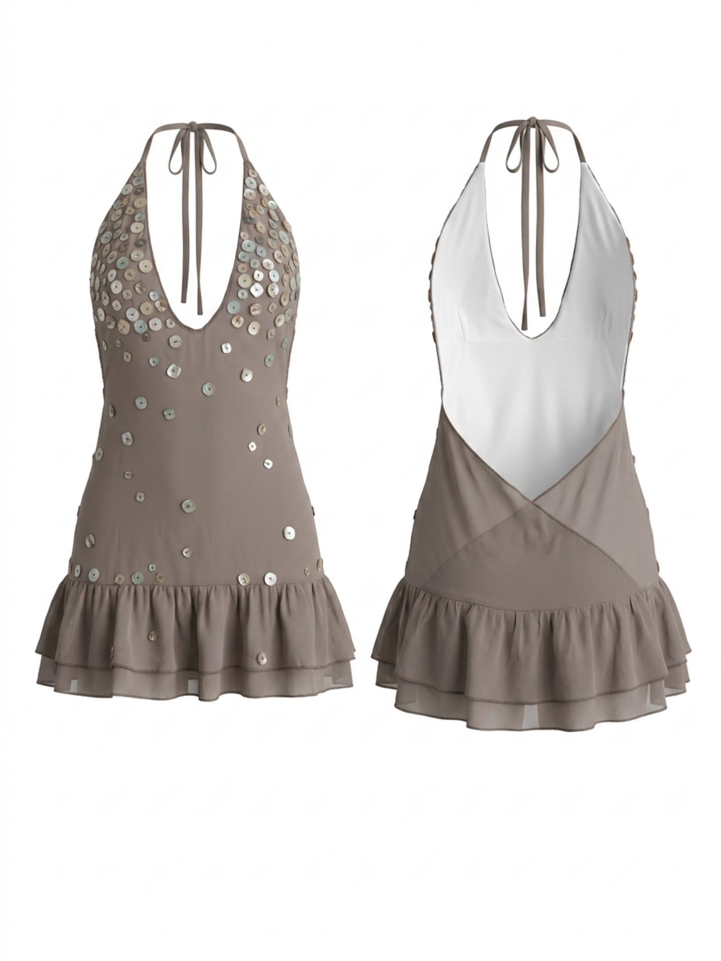 Sequin Sheer Mesh Halter Ruffle Swim Cover Up Dress