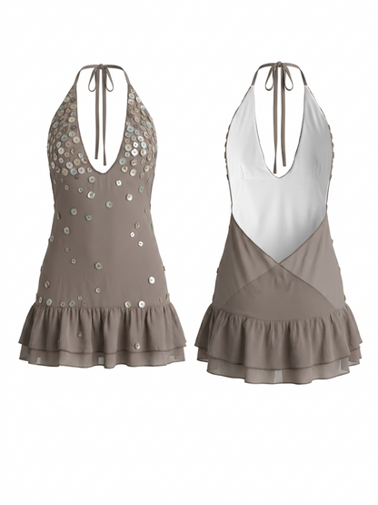 Sequin Sheer Mesh Halter Ruffle Swim Cover Up Dress