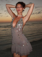 Sequin Sheer Mesh Halter Ruffle Swim Cover Up Dress