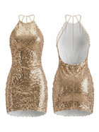 Halter Chain Strap Sequin Backless Mini Party Dress