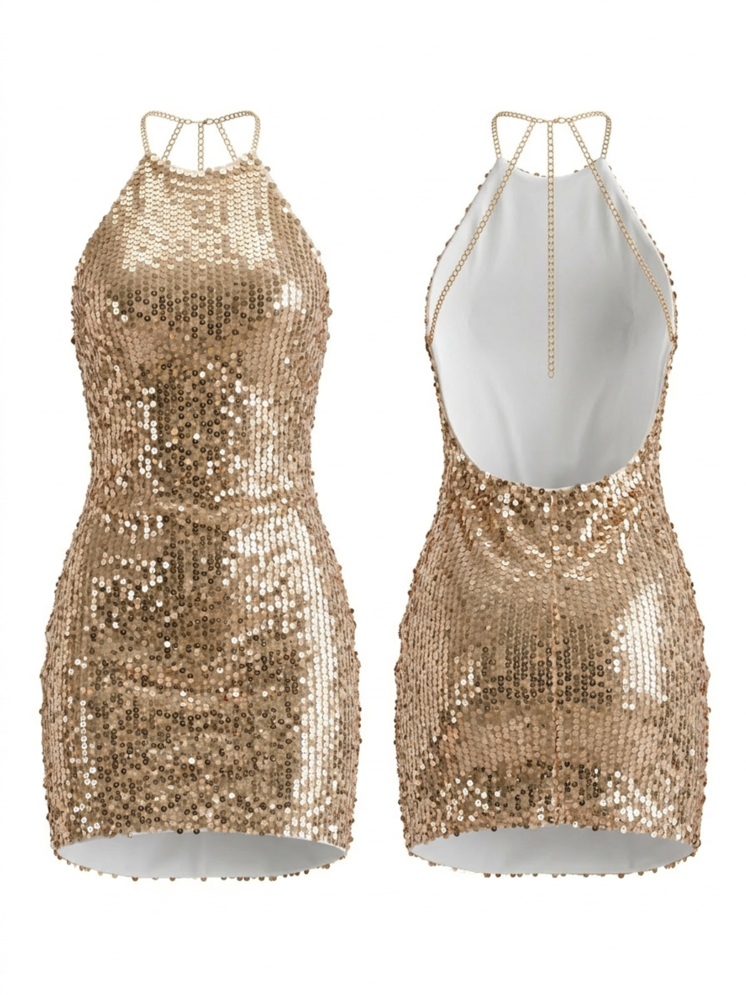 Halter Chain Strap Sequin Backless Mini Party Dress