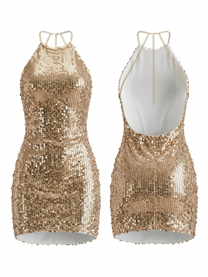 Halter Chain Strap Sequin Backless Mini Party Dress