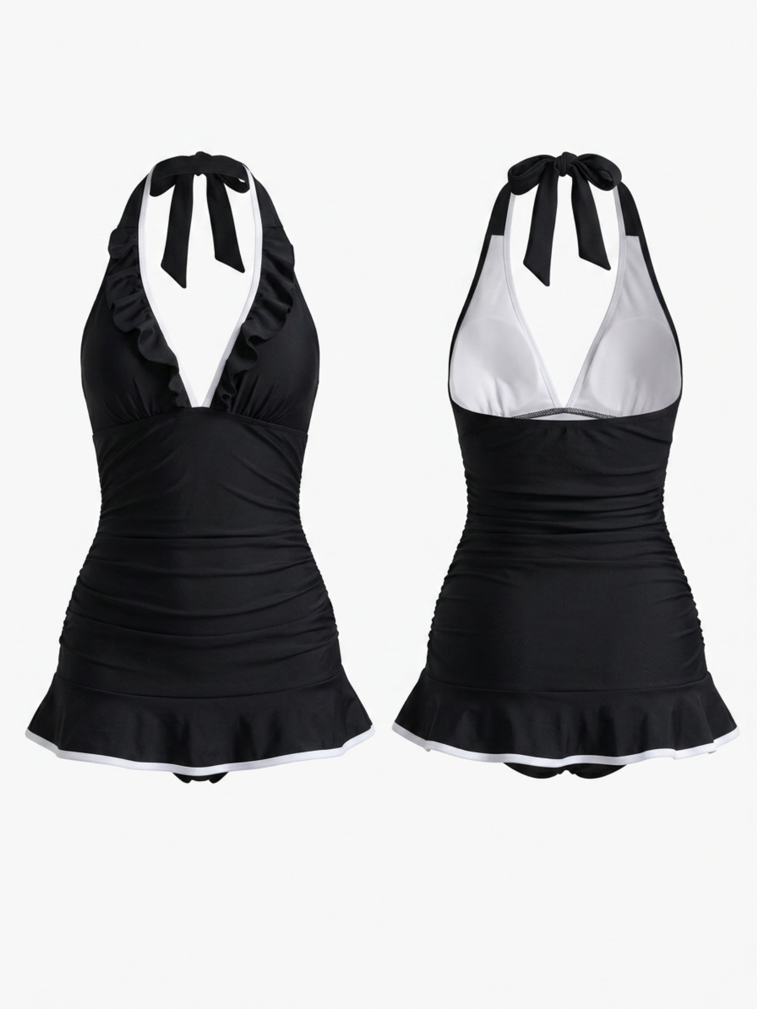Frill Halter Ruched Waist Ruffle Hem Tankini Dress