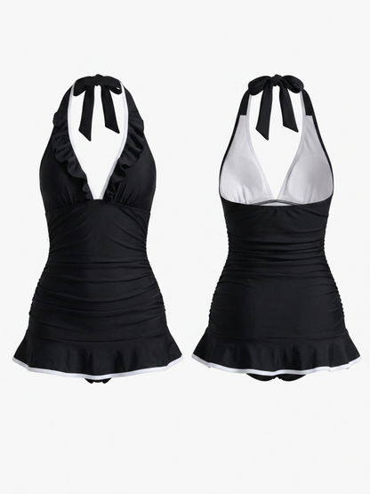 Frill Halter Ruched Waist Ruffle Hem Tankini Dress
