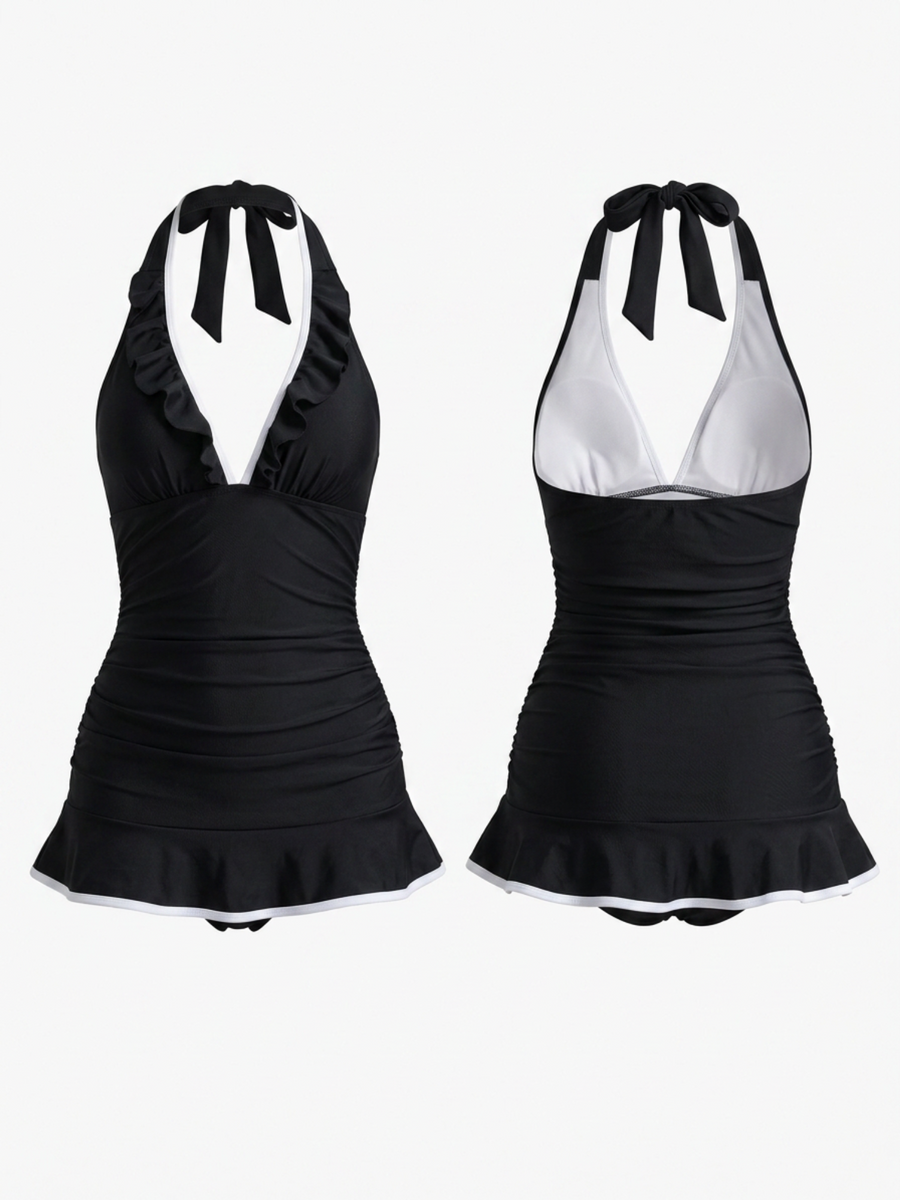 Frill Halter Ruched Waist Ruffle Hem Tankini Dress