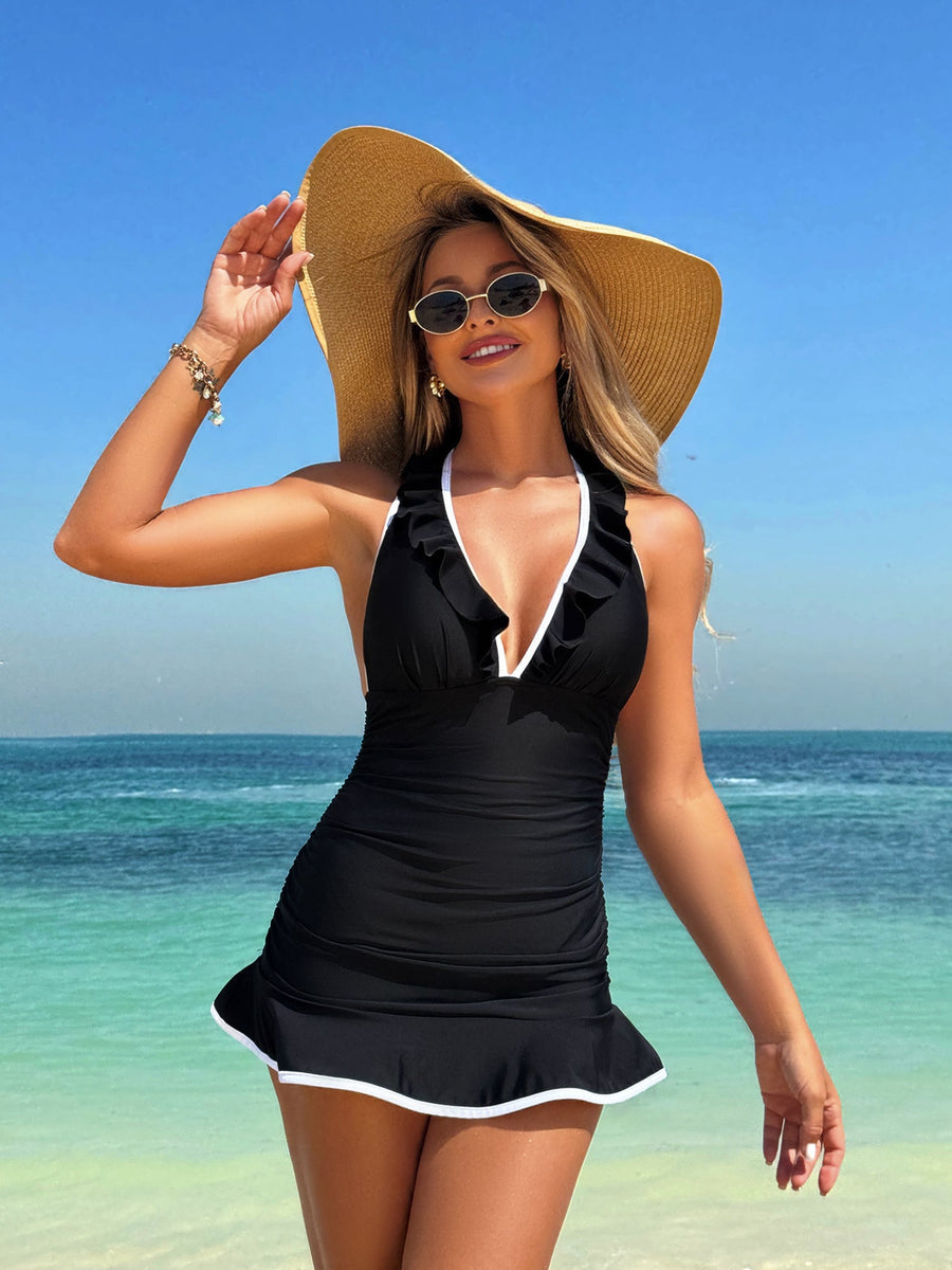 Frill Halter Ruched Waist Ruffle Hem Tankini Dress