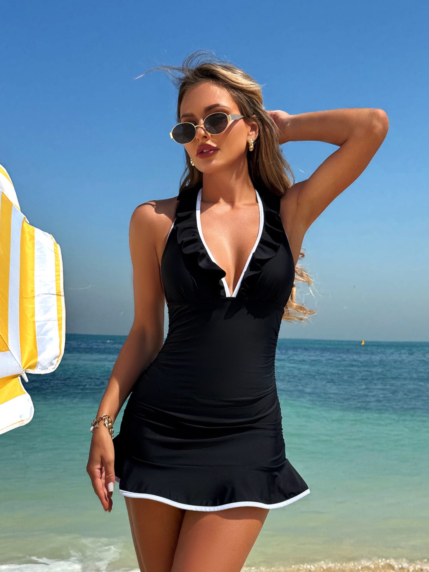 Frill Halter Ruched Waist Ruffle Hem Tankini Dress