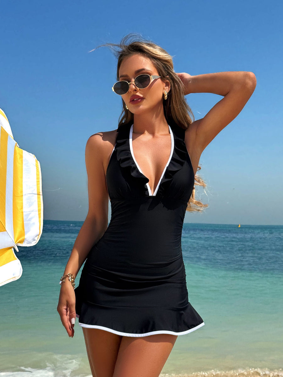 Frill Halter Ruched Waist Ruffle Hem Tankini Dress