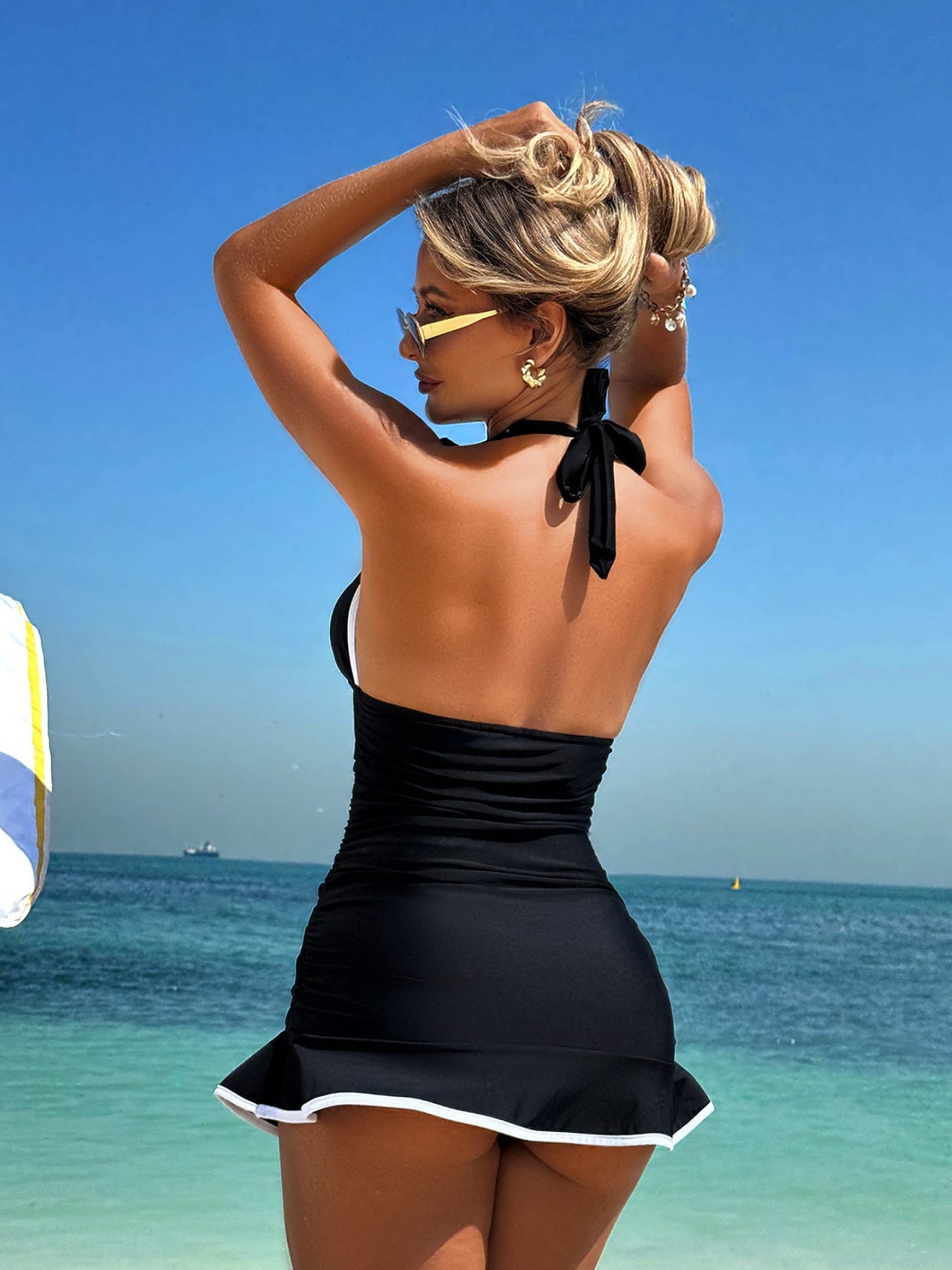 Frill Halter Ruched Waist Ruffle Hem Tankini Dress