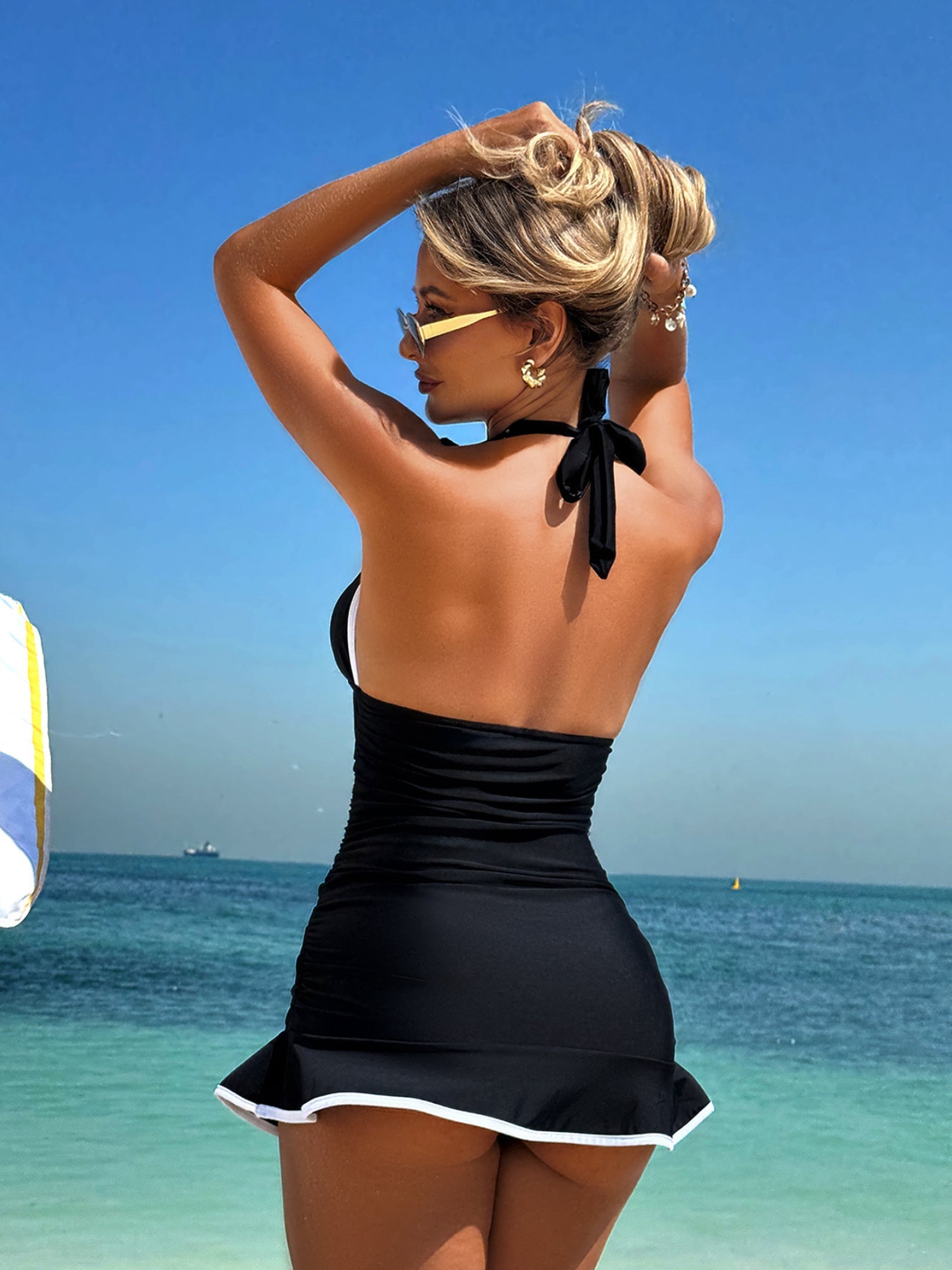 Frill Halter Ruched Waist Ruffle Hem Tankini Dress