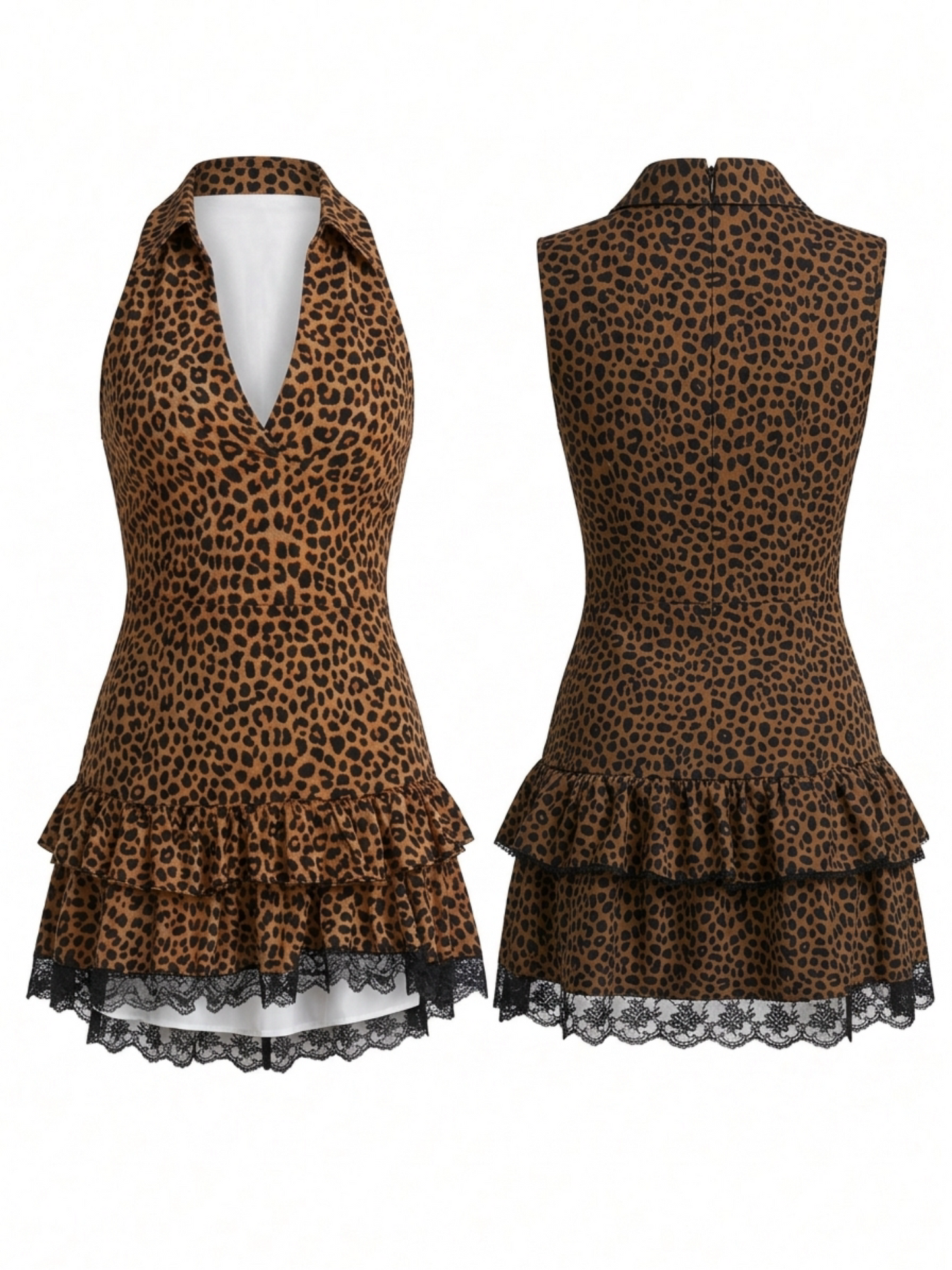 Western Leopard Halter Collar Lace Trim Flowy Beach Dress
