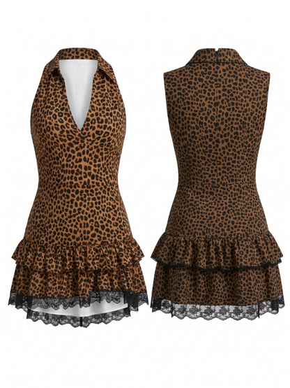Western Leopard Halter Collar Lace Trim Flowy Beach Dress