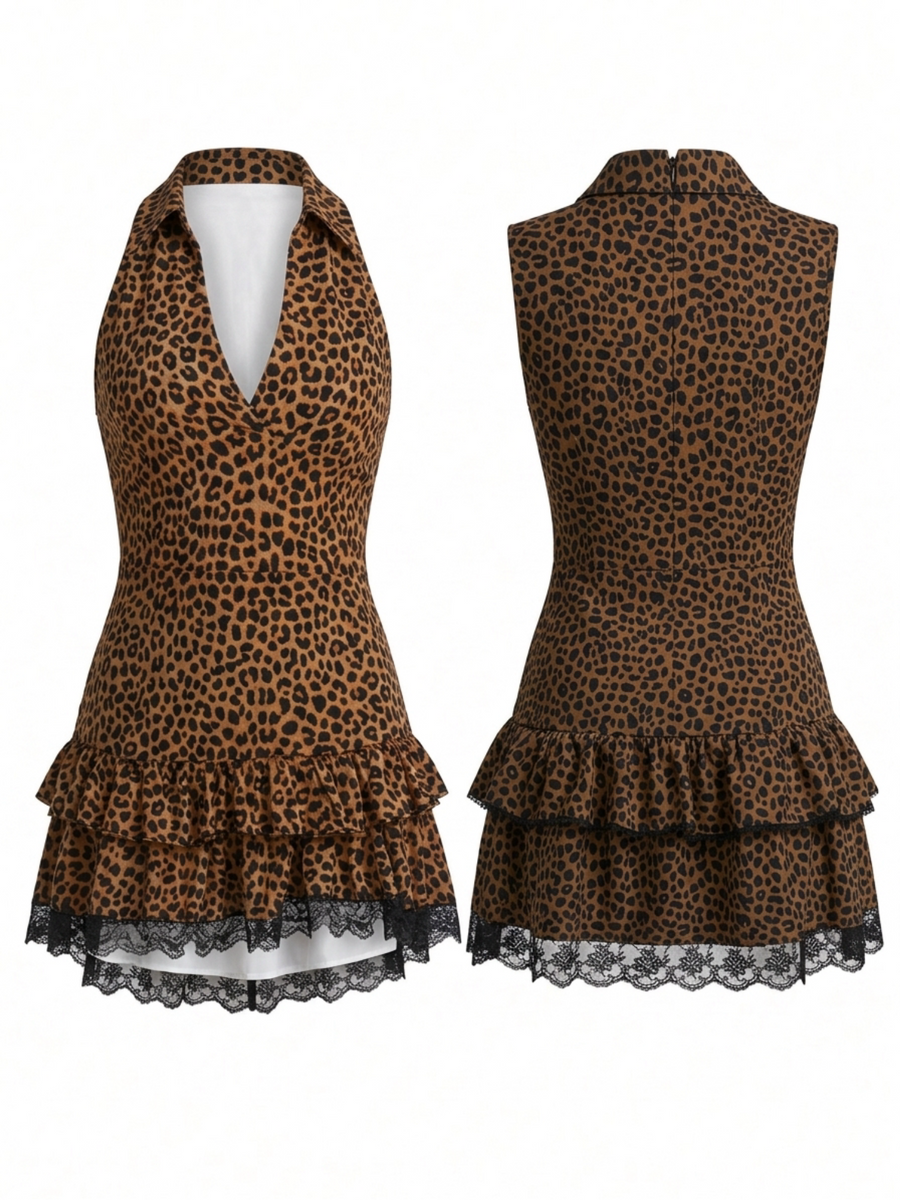 Western Leopard Halter Collar Lace Trim Flowy Beach Dress