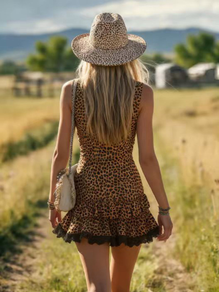 Western Leopard Halter Collar Lace Trim Flowy Beach Dress
