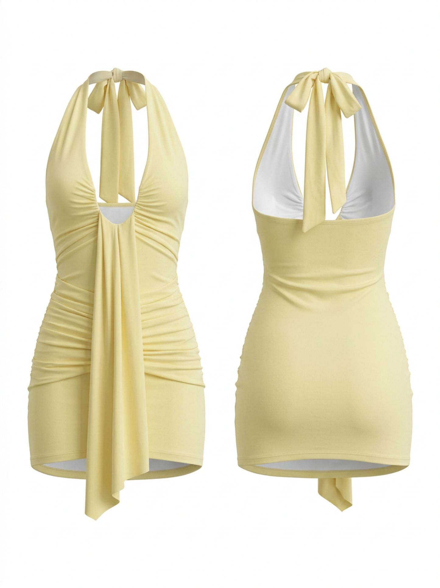 Soft Yellow Slinky Fabric Halter Sash Tight Mini Party Dress