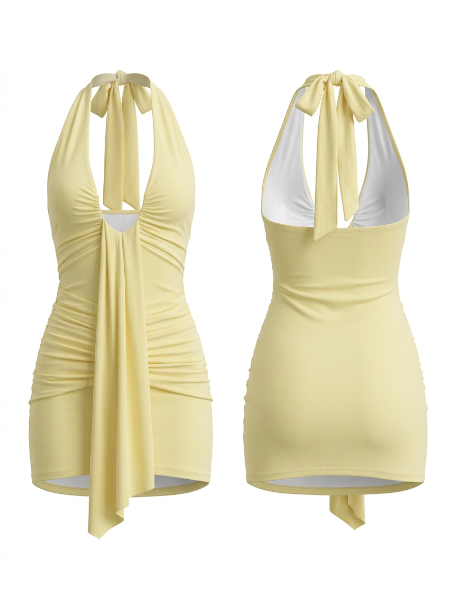 Soft Yellow Slinky Fabric Halter Sash Tight Mini Party Dress