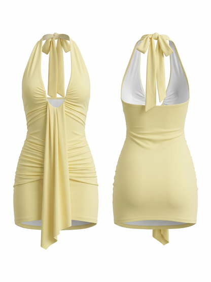 Soft Yellow Slinky Fabric Halter Sash Tight Mini Party Dress