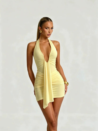 Soft Yellow Slinky Fabric Halter Sash Tight Mini Party Dress