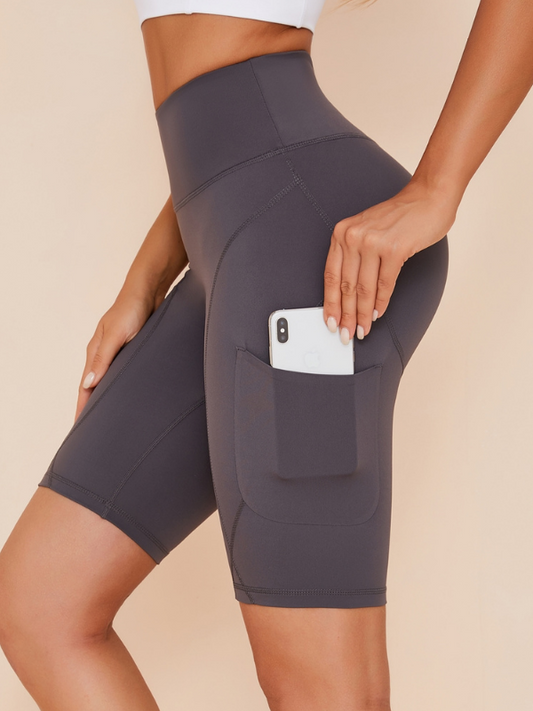 Pocket Solid Color High Waist Spandex Gym Booty Shorts