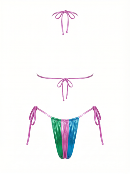 Lace-up Rainbow Contrast Color Splicing Bikini Set