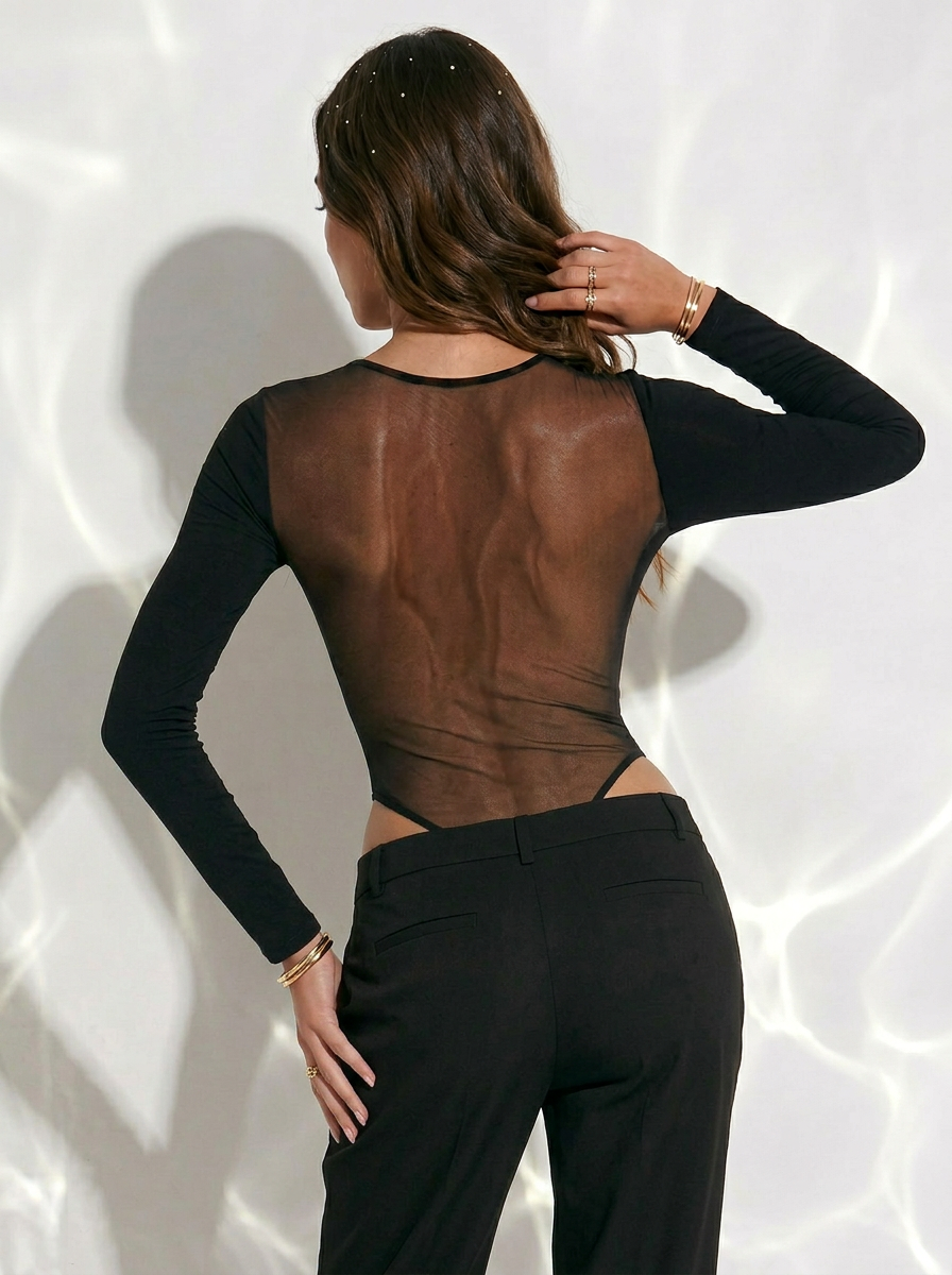 Sexy Mesh Deep Backless Long-Sleeve Bodysuit