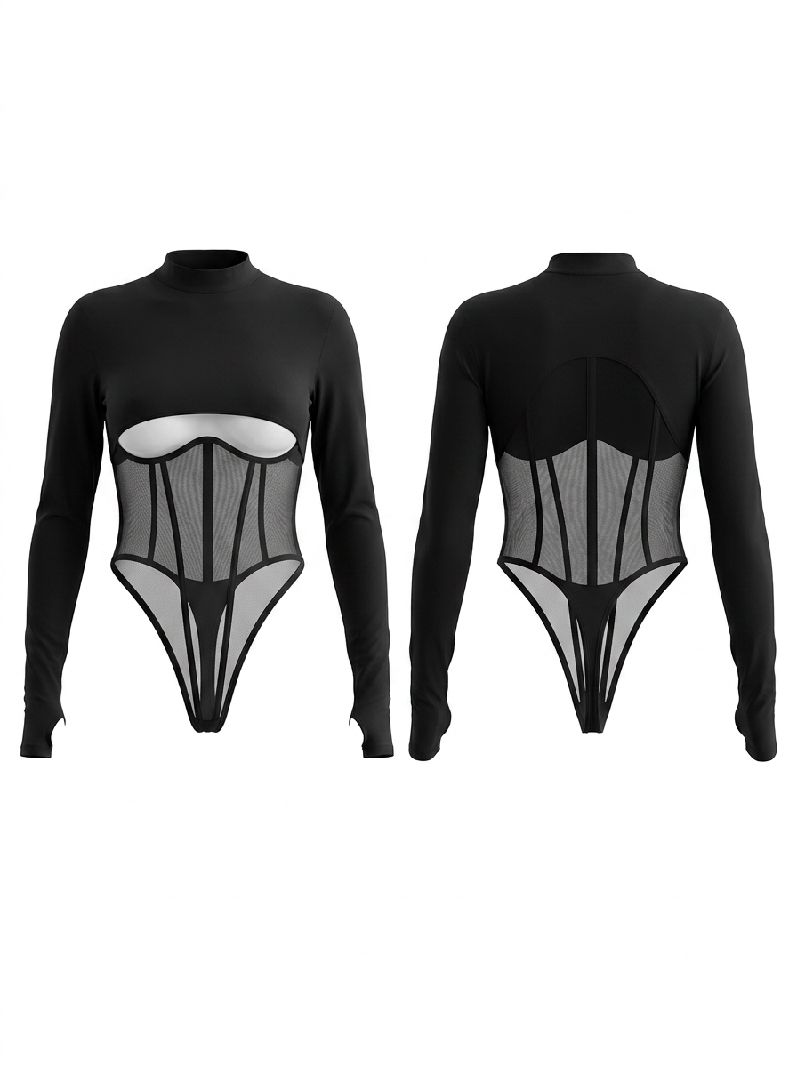 Sexy Mesh Panel Push-Up Cutout Bodysuit