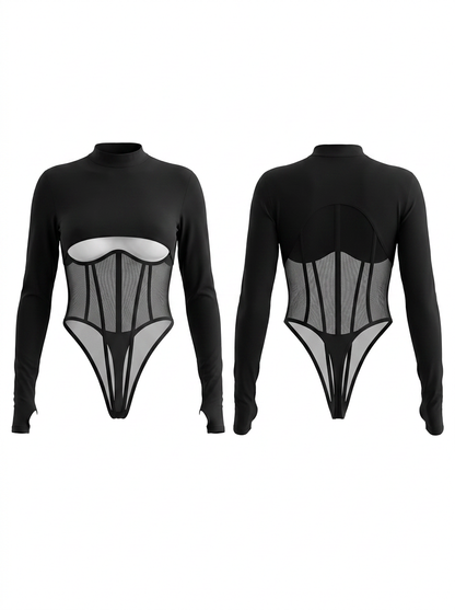 Sexy Mesh Panel Push-Up Cutout Bodysuit