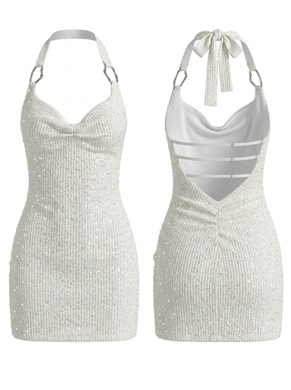 Vacation Style Halter Tie Sequin Backless Sexy Dress