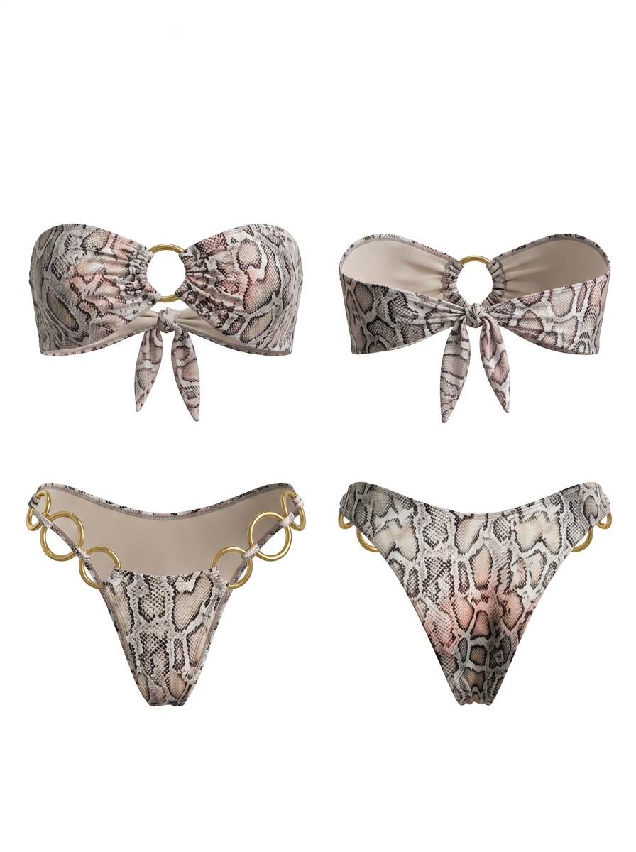 Snake Print Metal Ring Halter Bikini