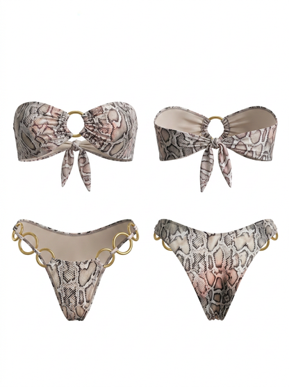 Snake Print Metal Ring Halter Bikini