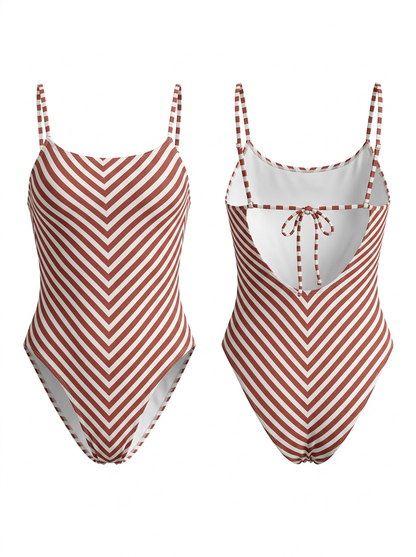 Red and White Striped Thin Strap Open-Back One-Piece