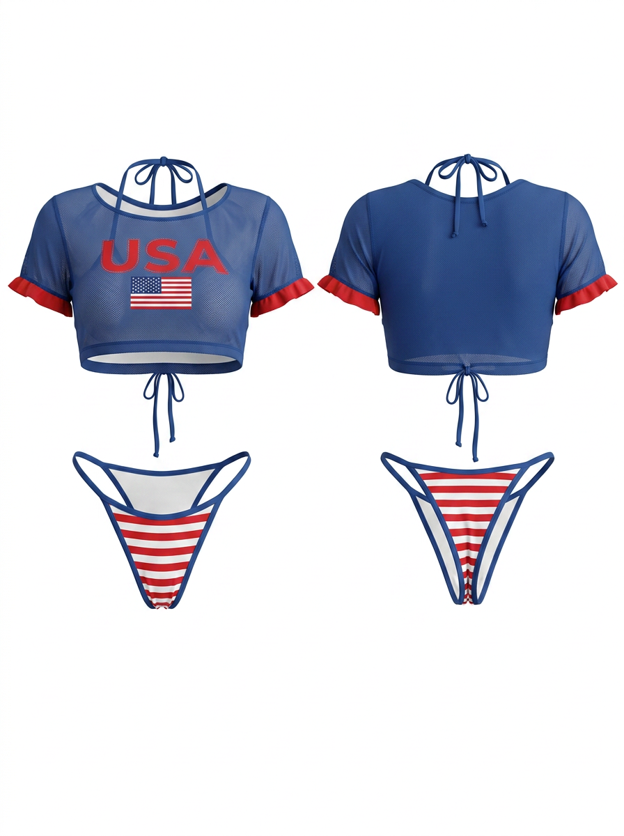 USA Flag Print Bikini with Crop Top Cover-Up 3-Piece Set