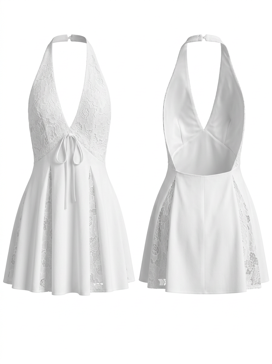 Vacation White Lace Halter Deep V-Neck Beach Cover-Up Dress
