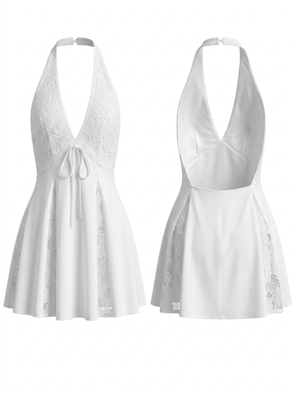 Vacation White Lace Halter Deep V-Neck Beach Cover-Up Dress