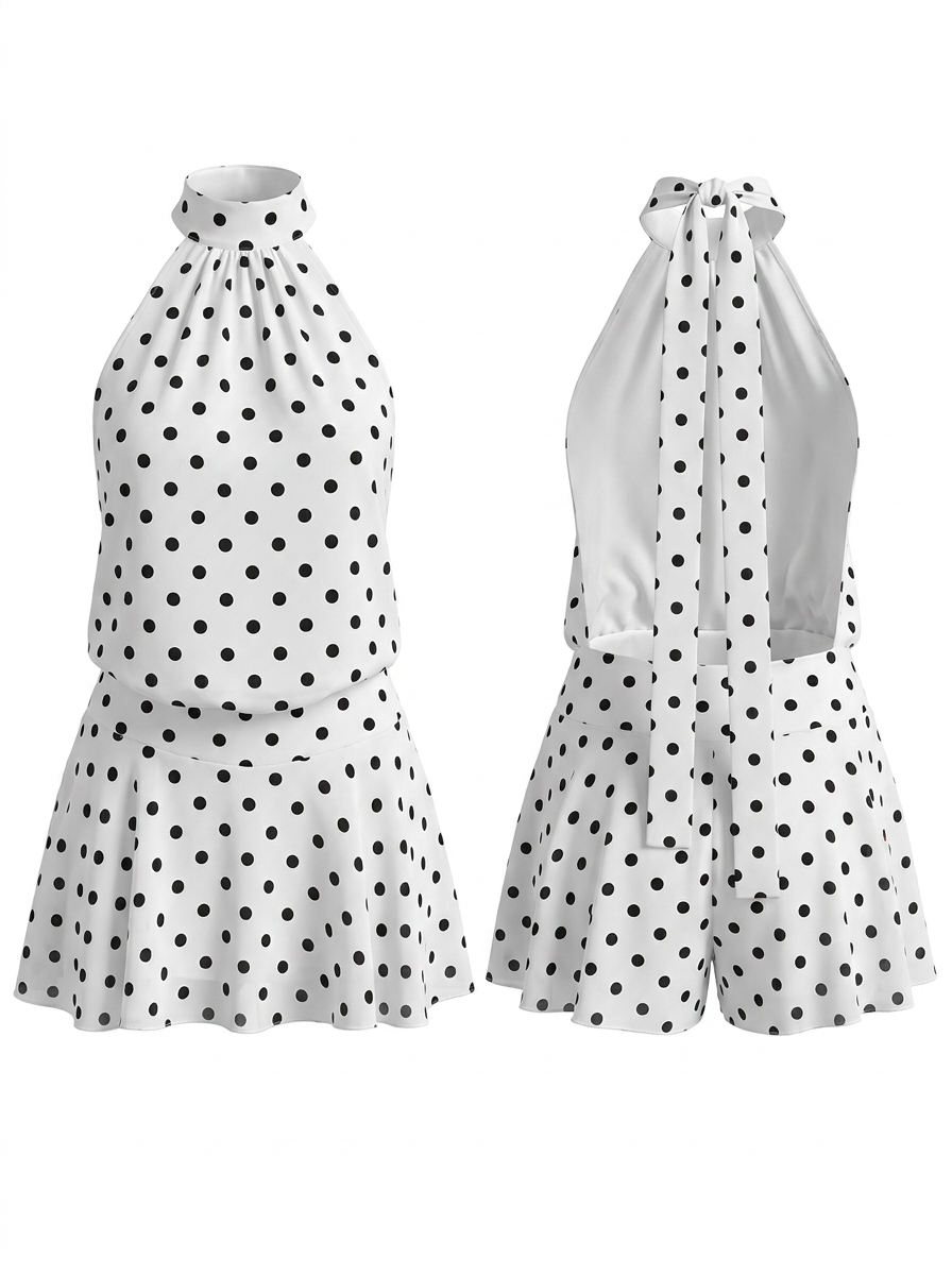 Polka Dot Halter Backless Beach One-Piece Mini Dress