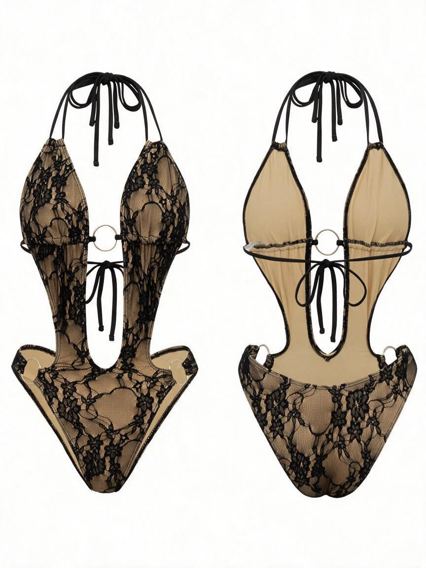 Sheer Lace O-Ring Cutout Halter High Cut One Piece
