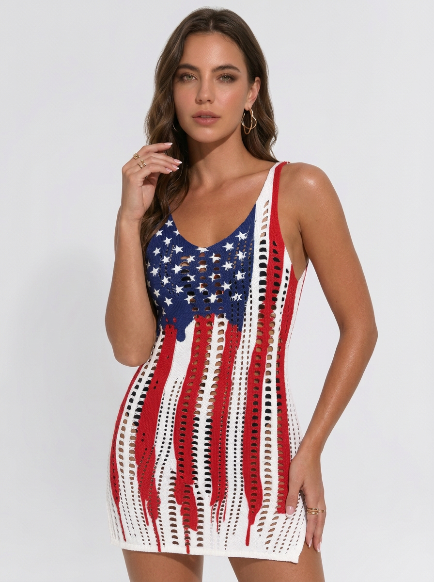 American Flag Print Crochet Mesh Sleeveless Beach Cover-Up Dress