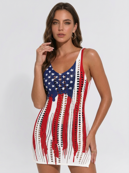 American Flag Print Crochet Mesh Sleeveless Beach Cover-Up Dress