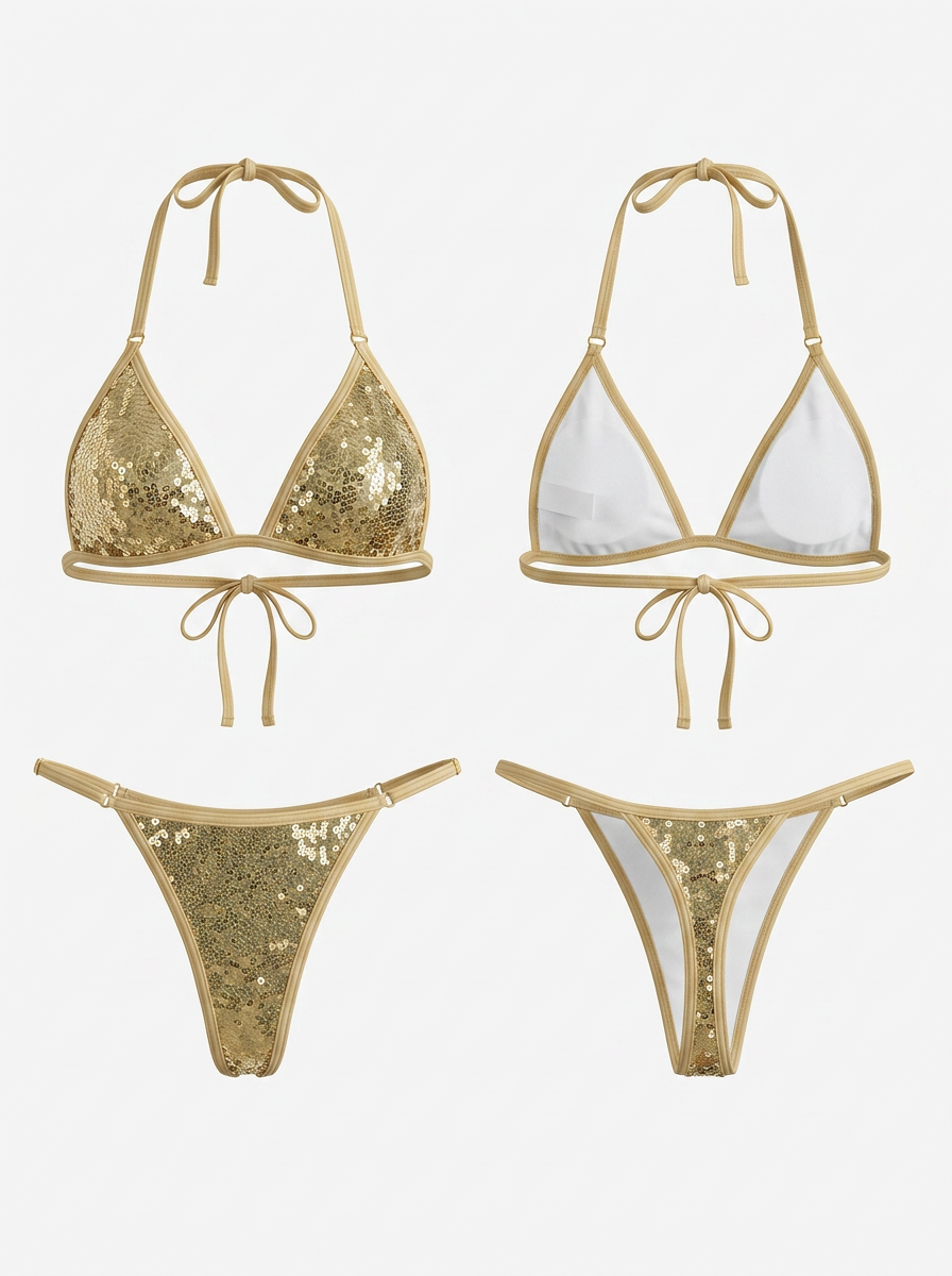 Beach Vacation Gold Sequin Triangle Bikini