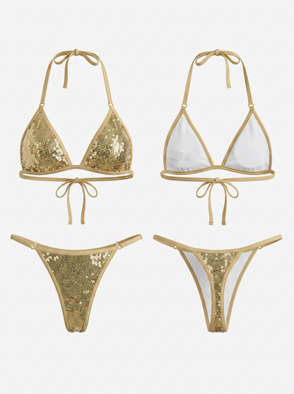Beach Vacation Gold Sequin Triangle Bikini