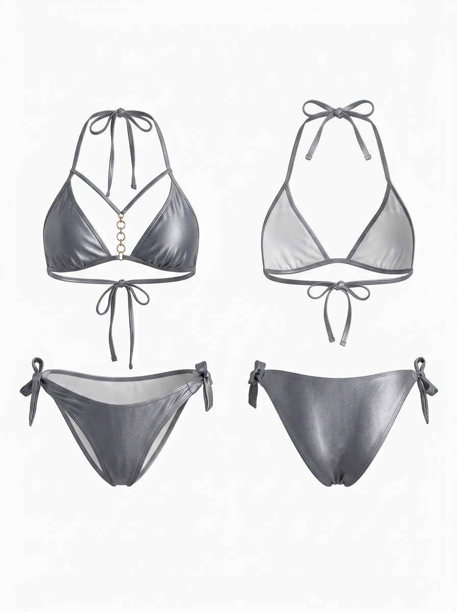 Shiny Gray Metallic Halter Tie-Side Bikini