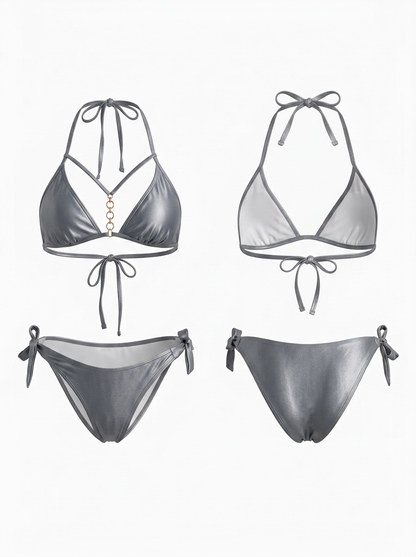 Shiny Gray Metallic Halter Tie-Side Bikini