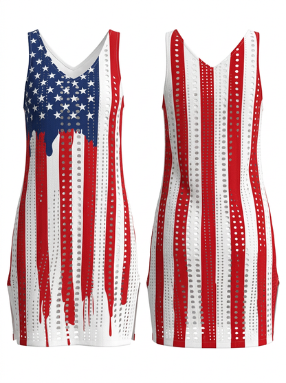 American Flag Print Crochet Mesh Sleeveless Beach Cover-Up Dress