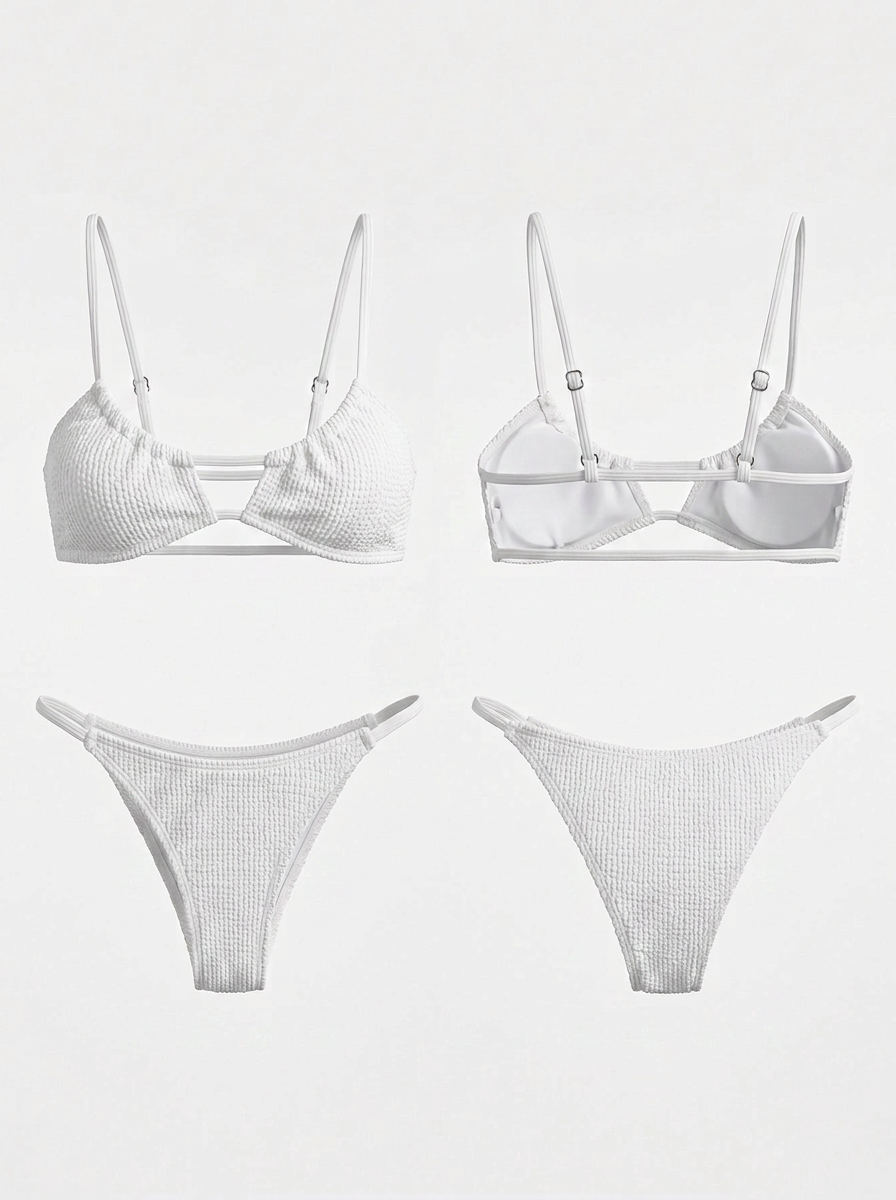 White Crinkle Textured Cutout Bikini Set with Thin Straps