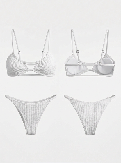 White Crinkle Textured Cutout Bikini Set with Thin Straps