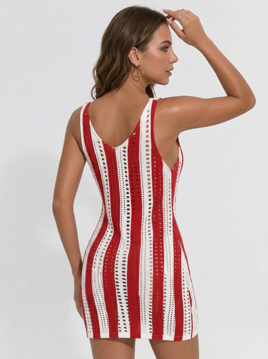 American Flag Print Crochet Mesh Sleeveless Beach Cover-Up Dress