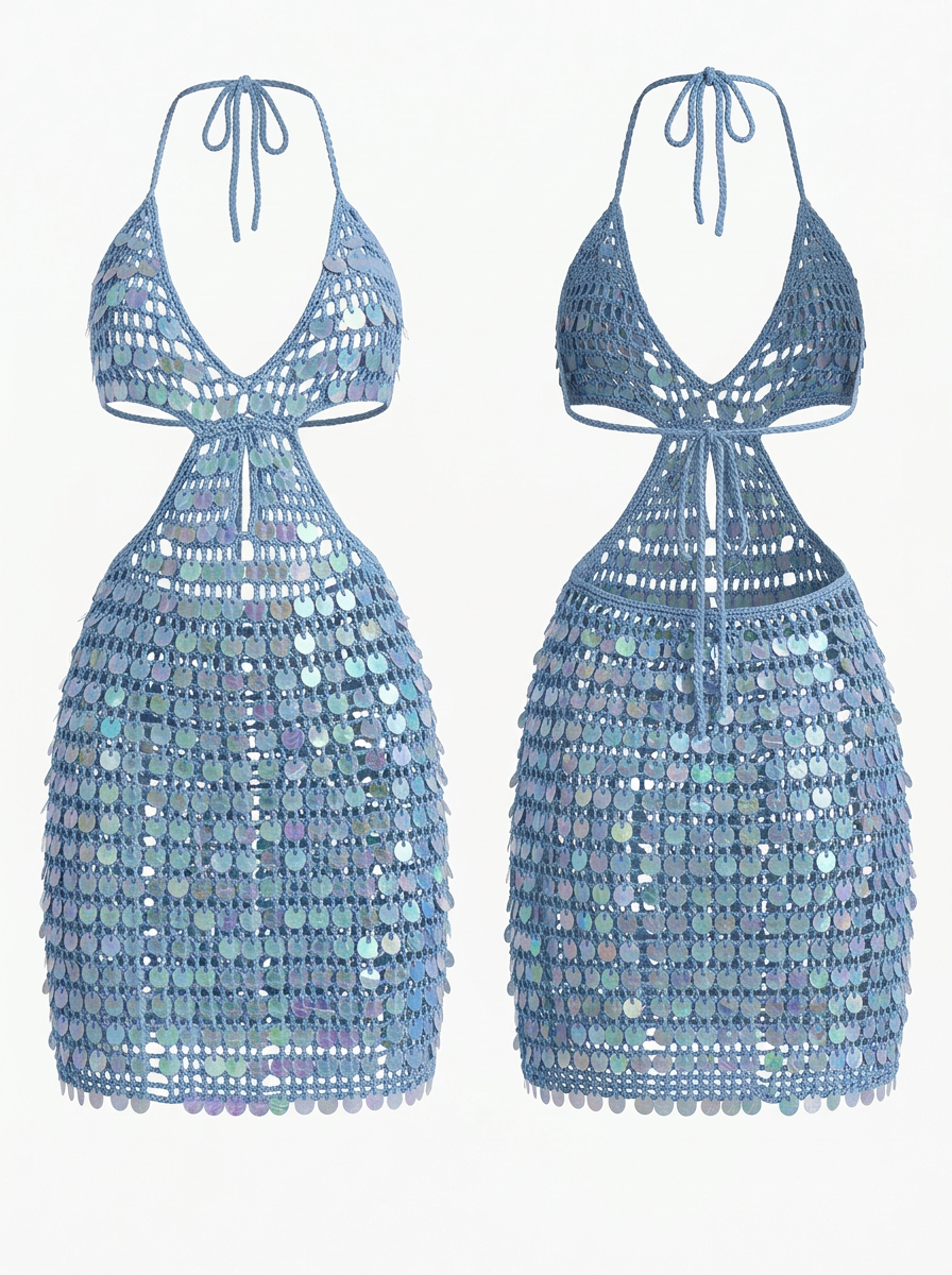 Vacation Blue Sequined Crochet Halter Cover-Up Dress