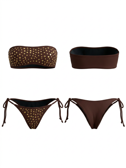 Brown Studded Bandeau Tie-Side Bikini Set